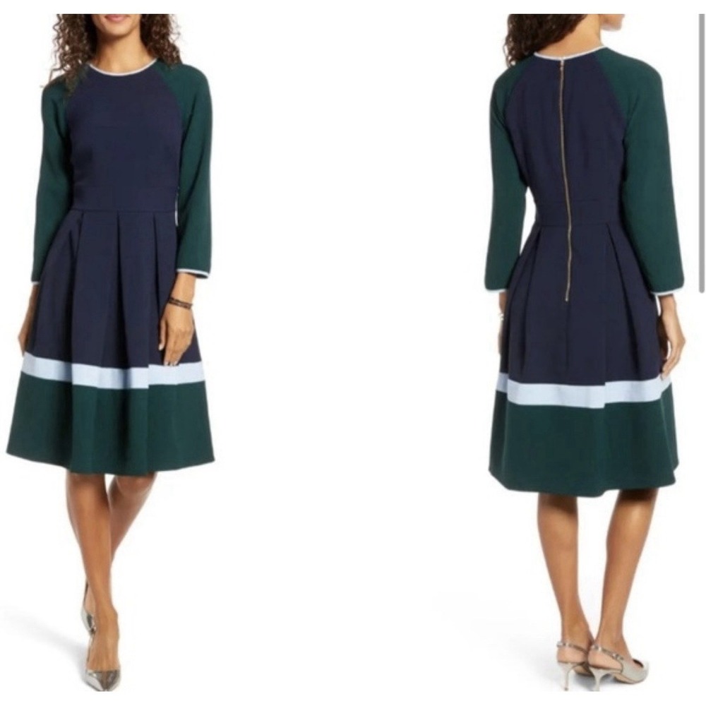 1901 A Line Color Block MIDI Dress Sz 4 Navy Blue/green Zip Back Event Preppy